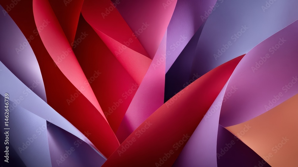 Aufkleber Overlapping geometric shapes create sharp shadows against a softly transitioning gradient of pink and violet, offering a clean area for text on the right side