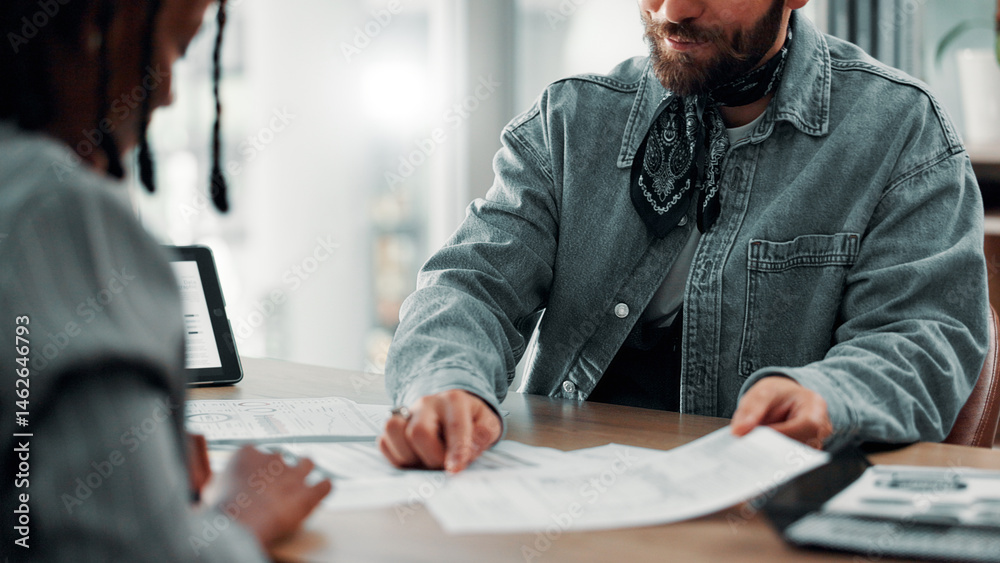 Poster business people, hands and pointing with documents for analytics, company report or statistics at of