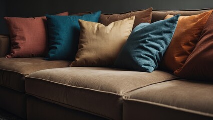 Decorative Multicolored Pillow on Sofa Backdrop