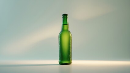 Green beer bottle featuring water drops