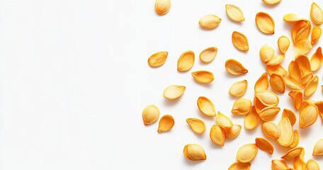 Scattered, golden-hued pumpkin seeds on a white background.  Small, flat, dried seeds arranged in a casual, flowing pattern