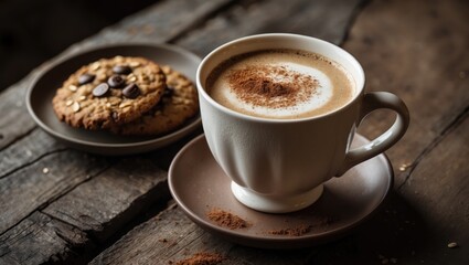 Fototapeta premium A chai latte in a white mug featuring cinnamon foam, accompanied by different cookies