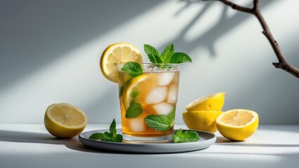 Fototapeta premium Frosty iced tea with lemon, mint, and ice in a glass on a bright background with shadow and branch, offering a refreshing summer drink