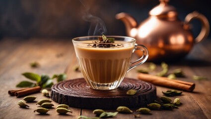 Mumbai street-style masala chai in glass cups with kettle and fresh spices