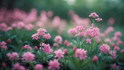 Fototapeta premium Numerous colorful flowers, including pink tiny blooms, in the garden