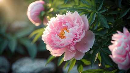 Beautiful blooming pink peony with soft pastel petals amidst lush garden foliage, showcasing natural floral beauty and botanical artistry