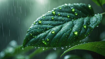 Raindrops on elephant ear plant leaf in a lush green rain forest background