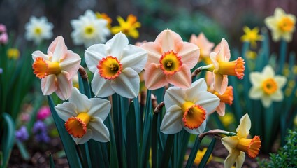 Obraz premium Vanilla Peach bloom among White and pink split-cupped Collar daffodils (Narcissus) in a garden