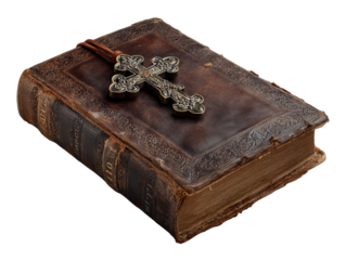 christian bible book with cross isolated on white or transparent png