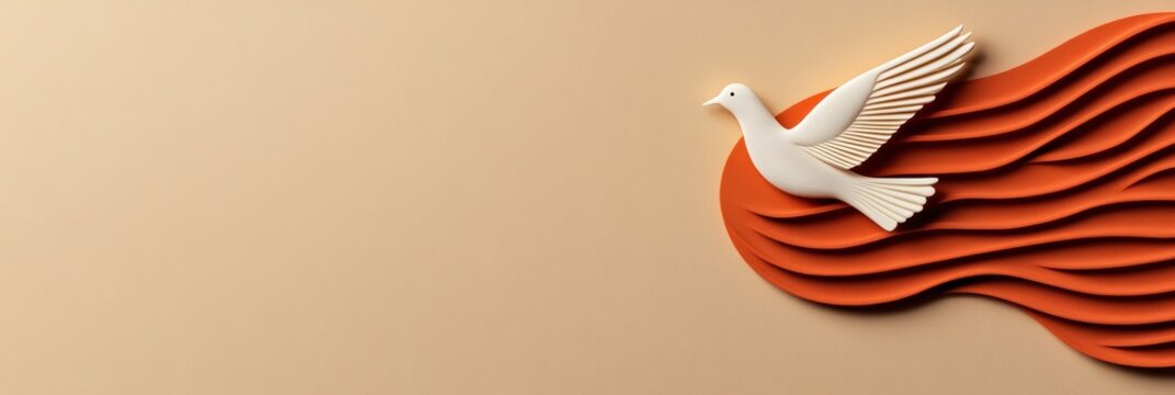 religious web design, a modern, minimalist banner featuring abstract flame waves, a centered white dove silhouette, and spiritual symbolism on a soft beige background for pentecost-themed websites
