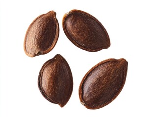 Four pumpkin seeds arranged in a circle on a white background.  Each seed is a rich, dark brown color, with a slightly oblong shape. The seeds appear whole and slightly textured