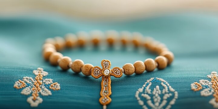 religious artifacts, rosary beads placed delicately on an embroidered pentecost stole, creating rich textures and vivid bead reflections in the front - Powered by Adobe