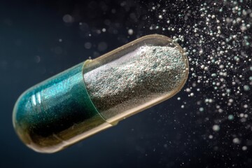 An open pharmaceutical capsule expelling tiny granules in a dynamic and captivating display.