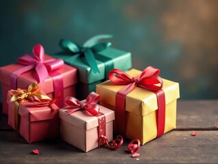 Obraz premium Vibrant gift boxes, colorful ribbons, rustic wood , festive, decor