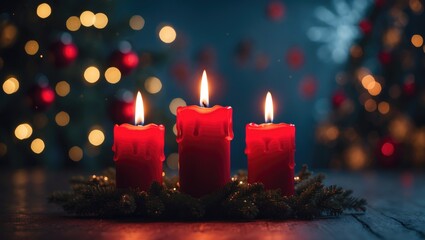 Dark scene with three red candles burning against bokeh of trees, lights, and decorations, representing a festive celebration.