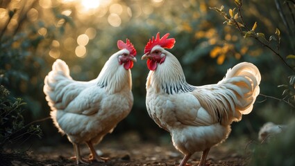 Fototapeta premium Colorful Rural Scene with Bantam Chickens, Rooster, and Hen on the Farm