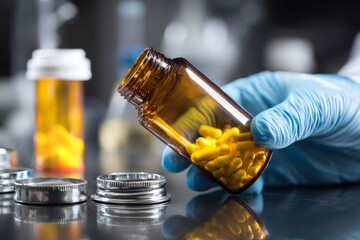 A gloved hand pours yellow capsules out of a brown bottle, highlighting healthcare.