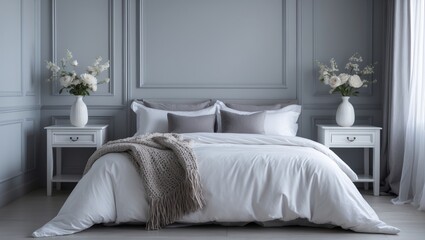 King size bed adorned with white sheets and a blanket, situated between two wooden bedside tables with floral vases