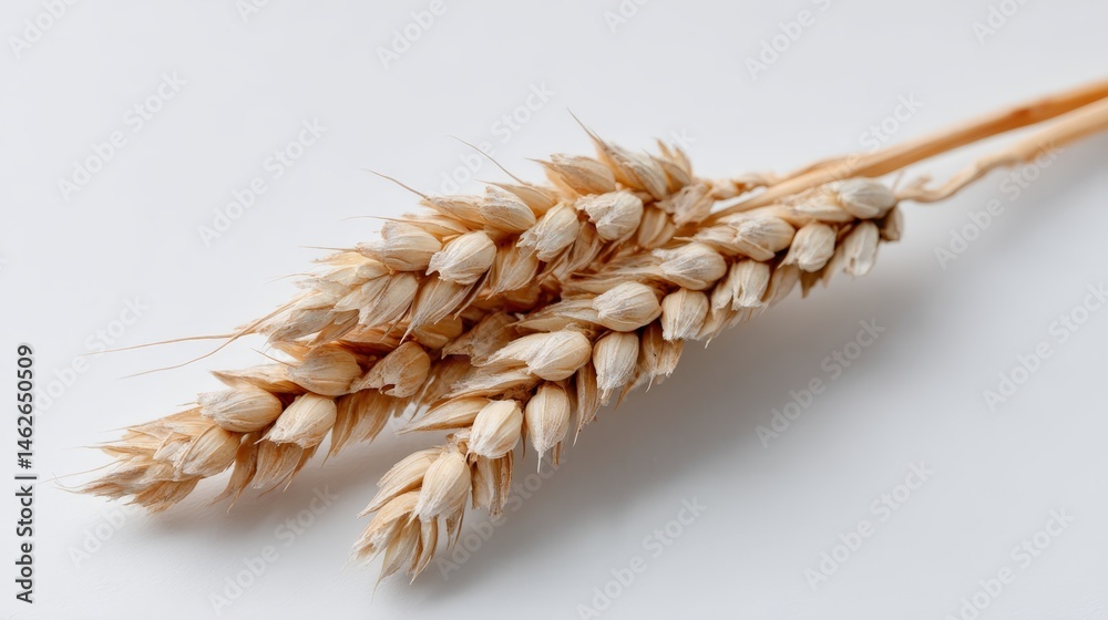 Poster wheat stalk isolated against a pure white background reveals intricate details of grains and stem, p
