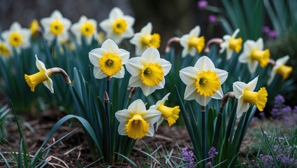 Fototapeta premium Pale yellow and white garden showcasing large-cupped daffodils in bloom