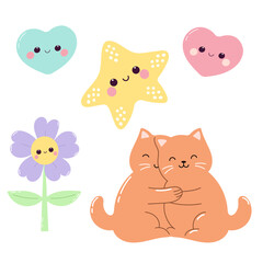 Friendship set with cat, hearts and flower.