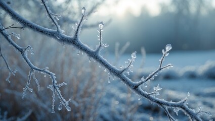 Close-up of icy frost crystals on a branch in a cold winter park morning