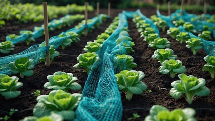 Protective green mesh shields cabbage seedlings from birds, promoting healthy development