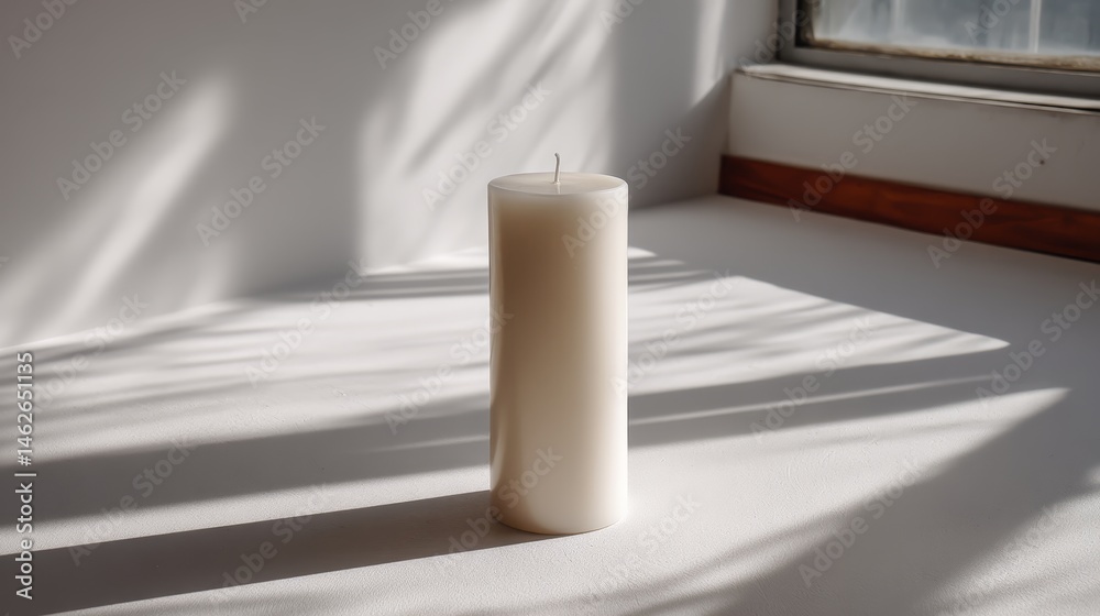 Poster A tall white pillar candle stands upright on a white surface, softly lit to create subtle shadows on either side, with ample space on the left for text or design