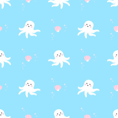 Cute octopus and sea creature seamless pattern with shells, seaweed, and bubbles. Kawaii design ideal for baby products, wallpapers, and wrapping paper
