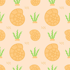 Kawaii seamless pattern of seaweed, and pastel shells. Cute and gentle pattern for baby textiles, wallpapers, and summer products
