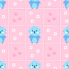 Kawaii seamless pattern featuring teddy bears and flowers on a gentle gingham backdrop. Ideal for baby apparel, wallpapers, and spring-themed textile products