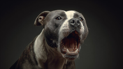 Close-up illustration of angry dog grinning, baring teeth. Staffordshire bull terrier or similar aggressive breed. Guard dog, security animal, pet with scary grin