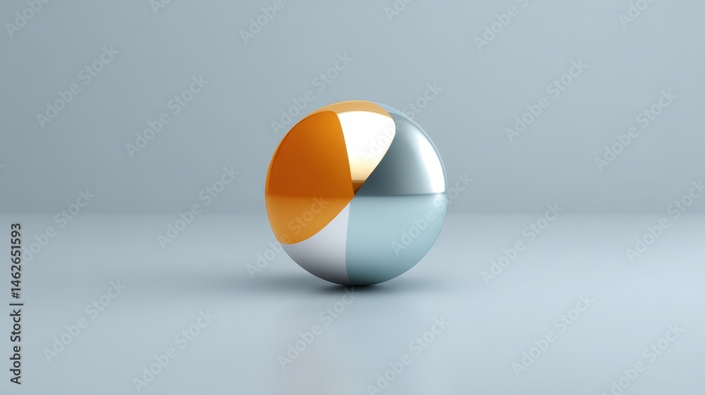 Poster Centered metallic orb displays mirror-like blue and orange reflections against a matte light grey background, with balanced soft lighting creating subtle depth