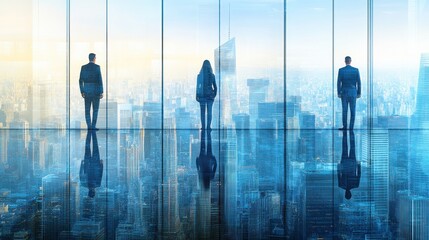 Fototapeta premium Business professionals gazing out at a city skyline from a high-rise office building