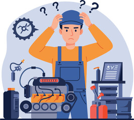 Confused mechanic troubleshooting engine with tools and diagnostic equipment illustration 
