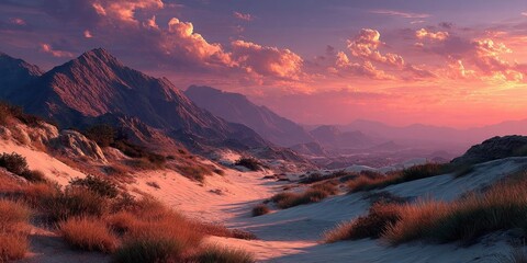 Vibrant Desert Sunset Over Sand Dunes and Mountains