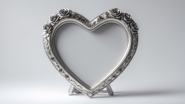 Isolated ornate silver heart frame with floral design against white backdrop