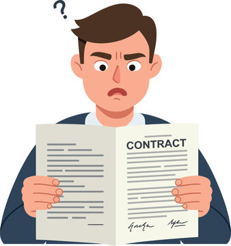 Confused man reading contract document vector illustration expression of doubt 