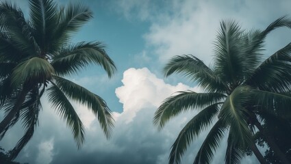 Fototapeta premium Close-up of palm leaves under sunny sky with vibrant colors