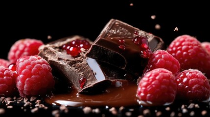 Dark chocolate and raspberry dessert. Melted chocolate, chocolate bars, fresh raspberries, and chocolate sprinkles