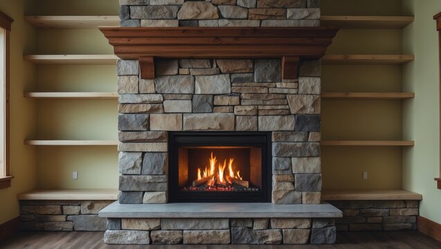 Family room's natural gas fireplace highlighted by stone and wooden mantels