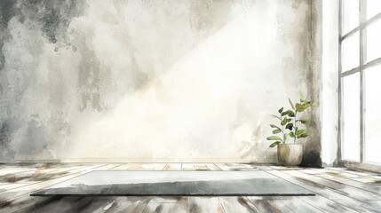 A room with a plant in a pot and a yoga mat on the floor