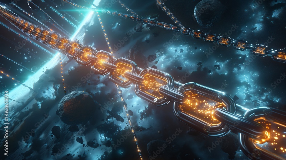 Poster hyperconnected blockchain technology visualised in a cosmic network of information
