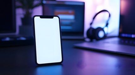 A cellphone with a white screen on a desk with laptop and headphones. smartphone mockup