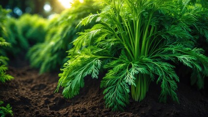 Detailed view of a healthy carrot crop with green foliage in a cultivated garden