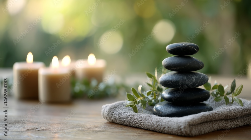 Poster Smooth black massage stones are stacked on a soft towel next to glowing candles, creating a serene atmosphere with greenery in the background