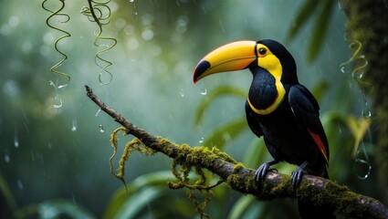 Obraz premium Yellow-throated toucan or Chestnut-mandibled toucan, a large toucan perched in the rain on a branch. A common sight when exploring.