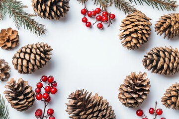 Christmas arrangement.  Dried pine cones and red berries arranged in a frame on a white background