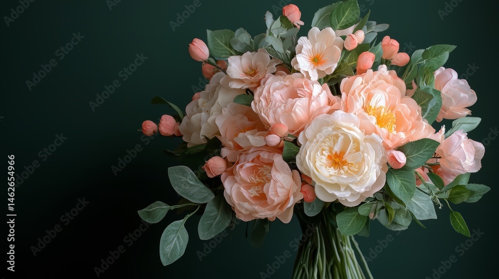 Poster bouquet of pink flowers is displayed in a vase. the flowers are arranged in a way that creates a sen
