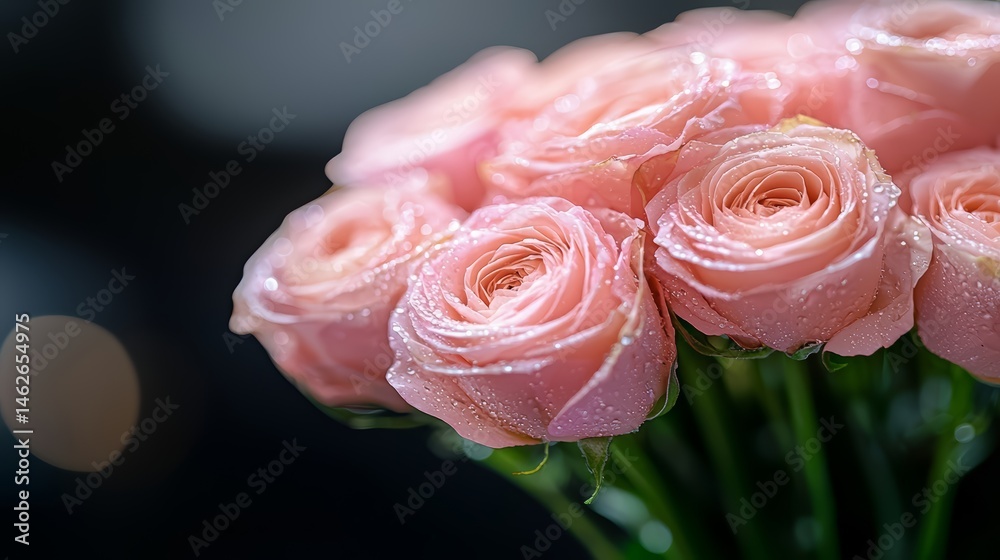 Poster Bouquet of pink roses with dew drops on them. The roses are arranged in a way that they are all facing the same direction, creating a sense of unity and harmony